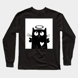 Cute black cat with angle collar and white heart Long Sleeve T-Shirt